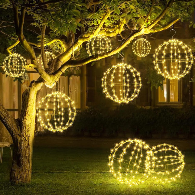 Joomer 2 Pack Christmas Solar Ball Lights, 12IN 120 LED Foldable Metal Sphere Lights Waterproof 8 Modes with Hook, Solar Powered Hanging Tree Globe Lights for Outdoor Christmas Decoration (Warm White)