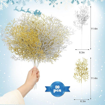 ZYP 30PCS Christmas Glitter Artificial Pine Needles Pine Tree Twig Picks,11.4'' Christmas Tree Picks and Sprays Gold Glitter Branches,Sliver Pine Needles for Embellishing Garland Wreath Decor
