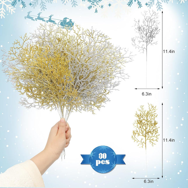 ZYP 30PCS Christmas Glitter Artificial Pine Needles Pine Tree Twig Picks,11.4'' Christmas Tree Picks and Sprays Gold Glitter Branches,Sliver Pine Needles for Embellishing Garland Wreath Decor