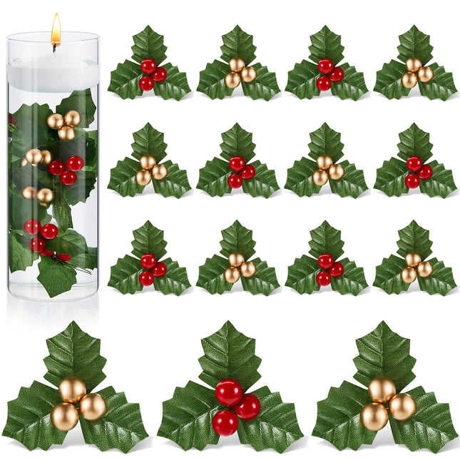 50 Pieces Christmas Holly Berries for Crafts Faux Berry Flowers Holly Leaves and Berries Christmas Wreath Fillers for Christmas Vase Fillers Floating Candle Table Centerpiece (Red, Gold)
