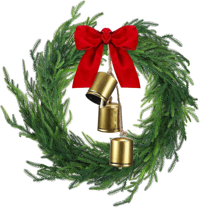 Jutom Realistic Norfolk Pine Wreath with Velvet Ribbon Faux Christmas Norfolk Pine Wreath with 3 Pcs Rustic Vintage Iron Bells for Christmas Holiday Seasonal Indoor Home Decor (Red)