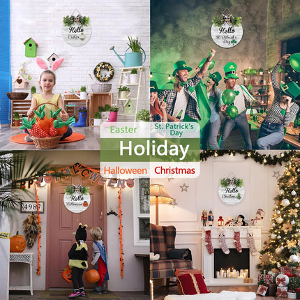 Interchangeable Wooden Seasonal Hello Sign, Rustic Round Welcome Front Door Wreaths for Home/Wall/Porch Decor, for Easter Spring Summer Fall Halloween Christmas All Season Decorations.