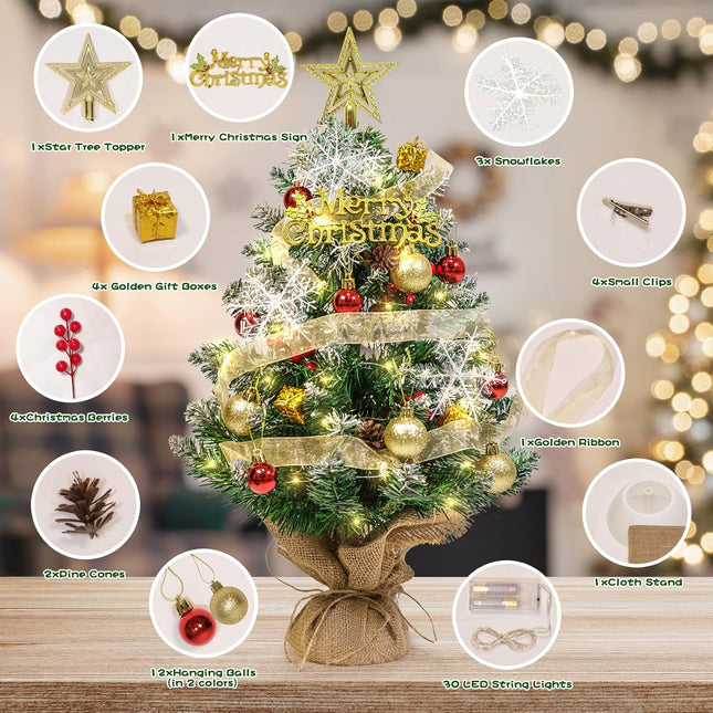 Tabletop Christmas Tree, 24 Inch Mini Artificial Christmas Tree with LED String Lights, Star Tree Topper, and Hanging Ornaments, Small Christmas Tree with Lights for Holiday DIY Christmas Decorations