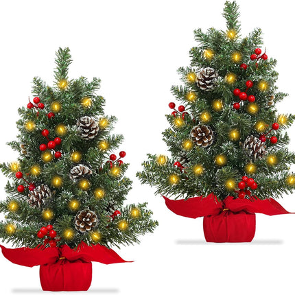 TURNMEON 2 Pack 24 Inch Lighted Small Christmas Trees, Artificial Tabletop Mini Xmas Tree with Timer 30 LED Lights 8 Pine Cones 8 Red Berried and Lifelike Branches for Christmas Holiday Indoor Decor