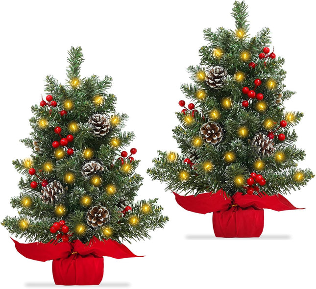 TURNMEON 2 Pack 24 Inch Lighted Small Christmas Trees, Artificial Tabletop Mini Xmas Tree with Timer 30 LED Lights 8 Pine Cones 8 Red Berried and Lifelike Branches for Christmas Holiday Indoor Decor