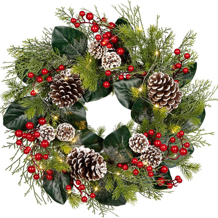Christmas Wreath 20 Inch Outdoor Lighted Christmas Wreath with Red Berries and Flocked Pine Cones LED Xmas Wreath for Front Door Winter Holiday Christmas Party Decorations
