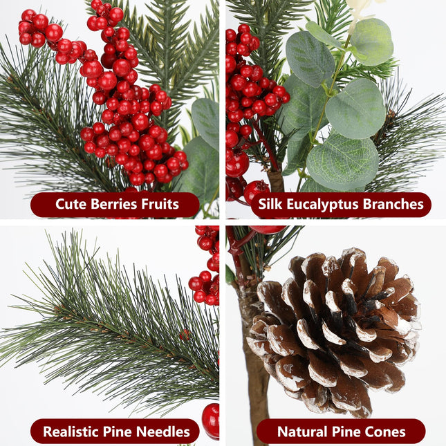 4 Pcs Christmas Artificial Pine Branches 28.3 inch Norfolk Pine Stems Christmas Greenery Picks with Red Berries Pine Needles Picks Spray Christmas Tree Branches for Xmas Vase DIY Craft Holiday Decor