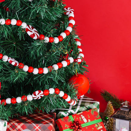 obmwang 10 Feet Christmas Wooden Bead Garland Christmas Candy Garland Red and White Peppermint Candy Bead Garland for Xmas Party Supplies Holiday Decor (Red and White)