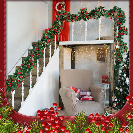 18 ft Red Berry Christmas Garland Artificial Berry Garland Xmas Decorations Indoor Outdoor Farmhouse Pine Leaves Winter Garland for Home Christmas Holiday Year Decor (Unlighted)