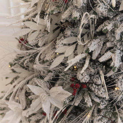 PARTY JOY 54 Pcs White Glitter Artificial Cedar Sprigs Picks Faux Cedar Branches Stems Christmas Tree Picks Sprays for Gold Christmas Tree Wreath Wedding Bouquet Winter Seasonal Holiday Decoration