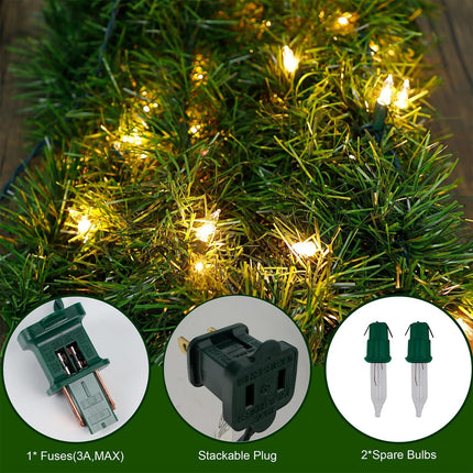 Biswing 50FT Pre-lit Christmas Green Garland, Lighted Artificial Pine Garlands with 100 Count Clear Incandescent Mini Lights, Light Up for Indoor Outdoor Gate Home Winter Holiday Year Decorations
