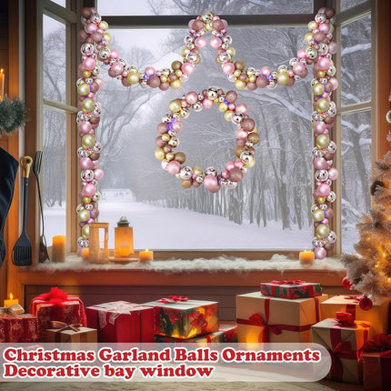 2 Pcs Christmas Balls Garland 6 ft Hanging Ornaments Xmas Balls Decorations with 2 Pcs 10 Feet LED Lights for Home Indoor Outdoor Tree Mantel Wedding Decoration(Pink, Rose Gold, Pink, Rose Gold)