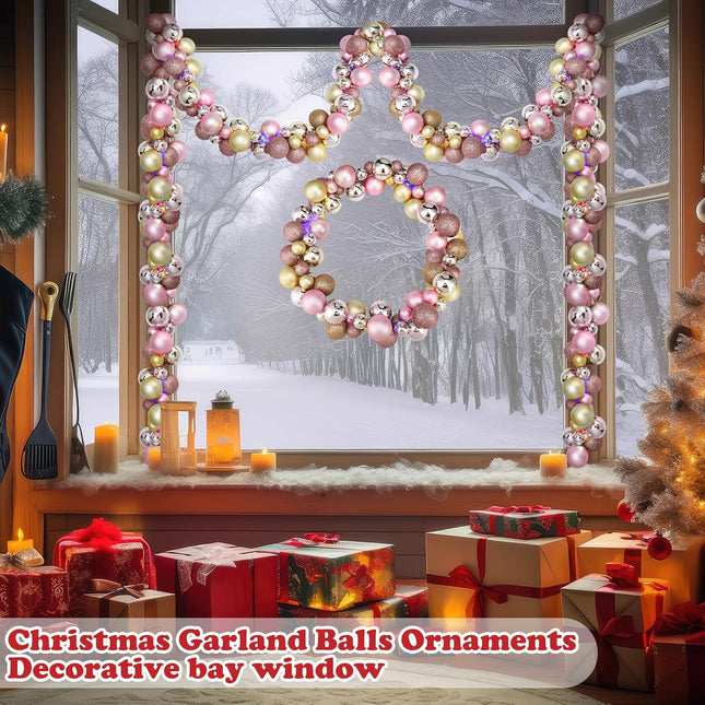 2 Pcs Christmas Balls Garland 6 ft Hanging Ornaments Xmas Balls Decorations with 2 Pcs 10 Feet LED Lights for Home Indoor Outdoor Tree Mantel Wedding Decoration(Pink, Rose Gold, Pink, Rose Gold)