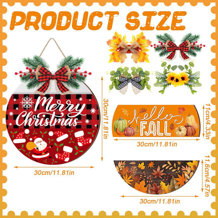 Vicenpal Interchangeable Welcome Sign for Front Door with 17 Magnetic Icons, Wooden Seasonal Front Porch Door Decor with 4 Seasonal Wreaths and 17 Changeable Icons for Holiday Party