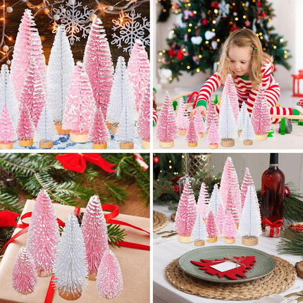 Leyndo 48 Pcs Pink Artificial Mini Christmas Tree Xmas Sisal Bottle Brush Trees with Wood Base Christmas Trees for Christmas Party Table Top Decor Winter Ornaments Home Kitchen Crafts