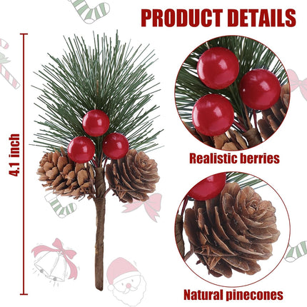 Sggvecsy 20 Pack Christmas Fake Pine Needles Artificial Berries Pine Picks Red Berry Pine Branches Faux Pine Stem with Pine Cones for Xmas Tree Wreath DIY Craft Floral Arrangement Holiday Decor(Red)