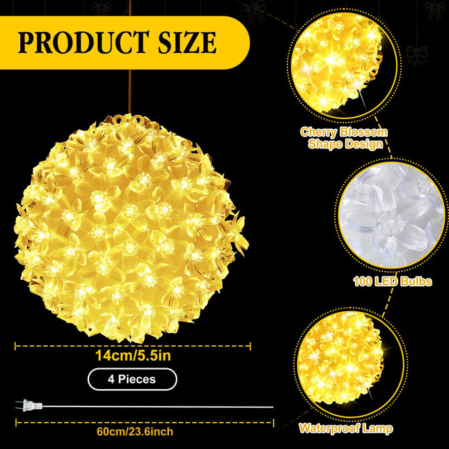 VIHOSE 4 Pcs 5.5 Inch Sphere Christmas Lighted Ball Warm Hanging Lights Christmas Lights Hanging Cherry Design LED Ball for Christmas Indoor Outdoor Garden Gate Party Patio Tree Window Wedding Decor