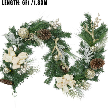 Adeeing 6 FT Christmas Garland with Lights, Pre-lit Outdoor Garland with Battery Operated 20 LED Lights, Holiday Garland with Stars, Flower, Berry Branches(Gold)