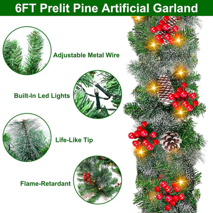 TURNMEON 6 Ft by 10 Inch Prelit Christmas Garland with Timer 30 Warm Lights 8 Modes 8 Pine Cone Snowy Bristle Pine 88 Berries Battery Operated Xmas Christmas Decorations Home Outdoor Fireplace Mantle