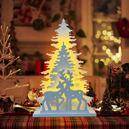 Wooden Christmas Tree Tabletop Decor, Cewuidy，LED Light up Wooden Christmas Reindeer Ornaments 11.8inch 2AA Battery Powered for Home Farmhouse Xmas Desktop Decorations(Indoor)