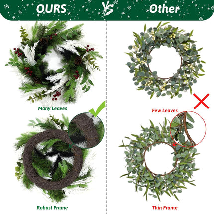 Large Christmas Wreath, 22 Inch Artificial Wreath with Red and White Berry, Pine Cone and Branches, Eucalyptus, Handmade Wreath for Xmas Home Front Door Window Decoration
