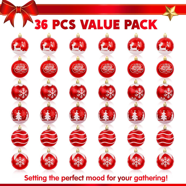 Joiedomi 36 Pcs Red Delicate Painting & Glittering Christmas Ball Ornaments Set, 2.3" Christmas Tree Hanging Decoration, Xmas Shatterproof Indoor Decoration for Tree Wreath Holidays Party Supplies