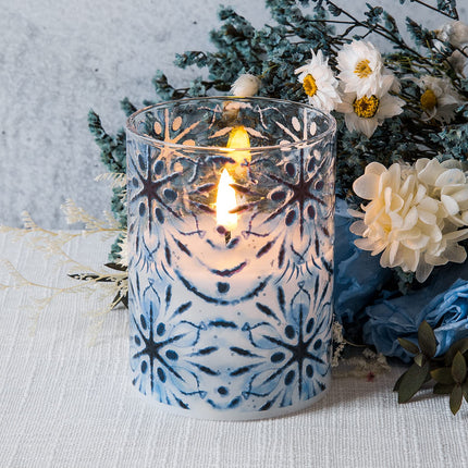 Eywamage Blue Snowflakes Flameless Candles in Glass Jars, Flickering Battery LED Pillar Candles with Remote Set of 3