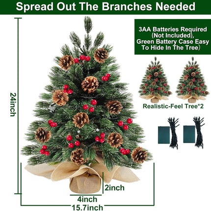 2 Pack 24''/2FT Realistic-Feel PE Thick Small Artificial Christmas Tree Tabletop Decor 40 Lights Timer Battery Operated Cedar Norfolk Pine 20 Pinecones 60 Red Berry Mini Xmas Tree Indoor Table Home