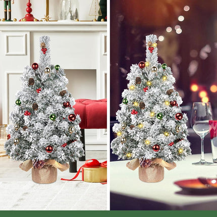 DDHS Artificial Tabletop Christmas Tree,2ft Small Christmas Tree with Ornaments Balls Pine Cones Berries, and 30 Lights Snow Tree, Pre Lit Xmas Tree for Table Home Christmas Party Decor