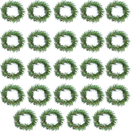 24PCS Pine Needle Wreath Napkin Rings,Christmas Green Napkin Ring Candle Ring,Mini Christmas Wreath for Pillar Candle Christmas Holiday Table Decoration