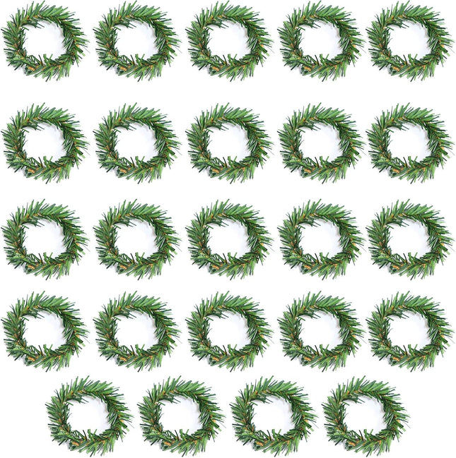 24PCS Pine Needle Wreath Napkin Rings,Christmas Green Napkin Ring Candle Ring,Mini Christmas Wreath for Pillar Candle Christmas Holiday Table Decoration