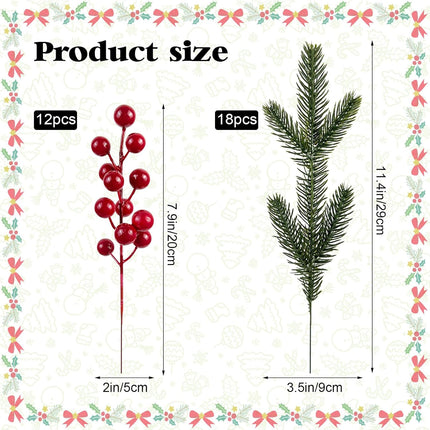 CIEOVO 54 Pieces Christmas Picks, 36 Artificial Pine Needles Branches Garland and 18 Christmas Picks Artificial Red Berry Stems Fake Holly Berries for Christmas Tree 0rnaments DIY Wreath Vase Holiday