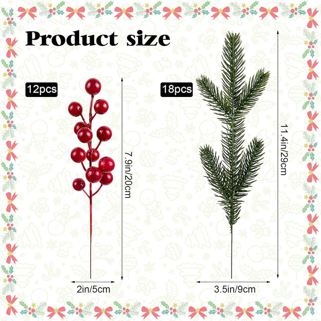 CIEOVO 54 Pieces Christmas Picks, 36 Artificial Pine Needles Branches Garland and 18 Christmas Picks Artificial Red Berry Stems Fake Holly Berries for Christmas Tree 0rnaments DIY Wreath Vase Holiday