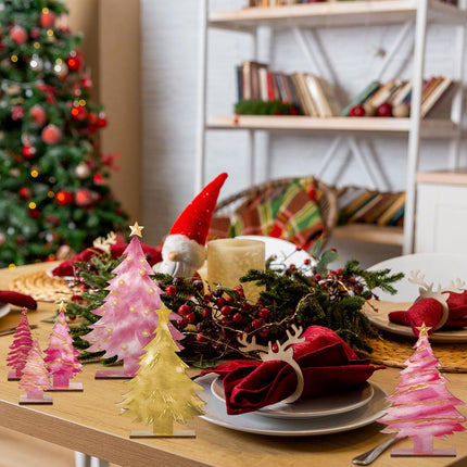 6 Pcs Pink Gold Wooden Christmas Trees Tabletop Decor Rustic Wood Christmas Trees Xmas Centerpieces Table Wooden Signs Farmhouse Table Home Decor for Home Office Farmhouse