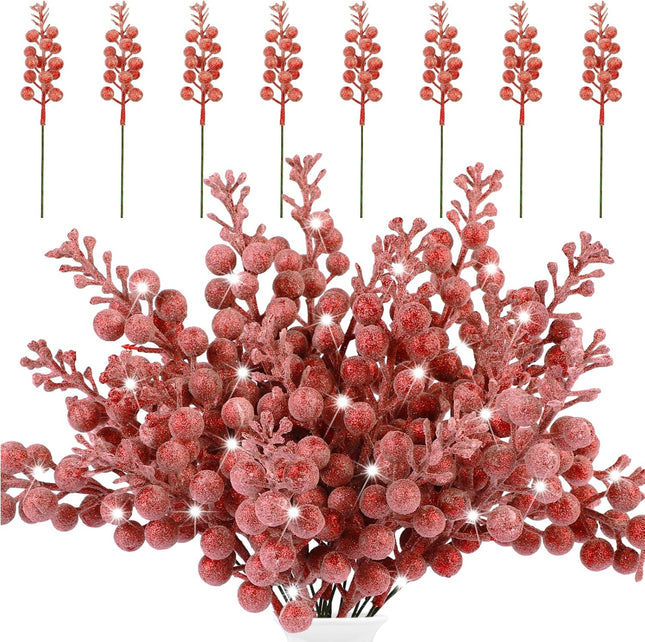 30Pieces Christmas Glitter Berries Stems 8.3Inch Snowy Artificial Holly Berry Stems Glitter Berry Picks for Xmas Tree Ornaments Wreath Wedding Winter Holiday Home Decor(Red)