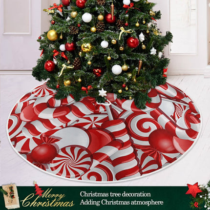 Red Christmas Tree Skirt 48 in Candy Canes Winter Tree Mat Decoration Holiday Party Supply for Indoor Outdoor Home Office Ornament