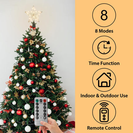 Silver Christmas Tree Topper Star with 20 Pure White LED Lights and Pearl Beads, Remote Control Star Tree Topper for Christmas Tree Decorations and Xmas Holiday Décor, Battery Required