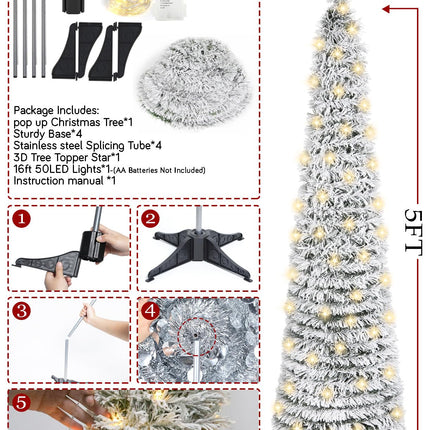 HMASYO 5 FT Pop Up Snow Flocked Christmas Tree with Timer Lights, Collapsible White Pine Pencil Christmas Tree, Artificial Slim Xmas Tree Holiday Decoration for Home, Office, Party, Easy Assembly