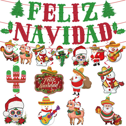 Glittery Feliz Navidad Banner Mexican Christmas Decorations Includes 1 Feliz Navidad Backdrop and 8 Hanging Swirls, Feliz Navidad Decorations for Home Office Fireplace Mantle