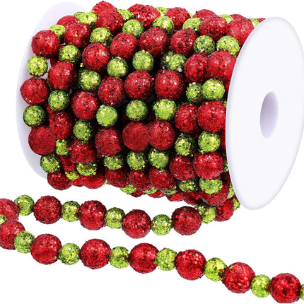 WILLBOND 16 Feet Christmas Tree Beaded Garland, Xmas Tree Glitter Green and Red Ball Garland Beads Christmas Plastic DIY Holiday Decoration