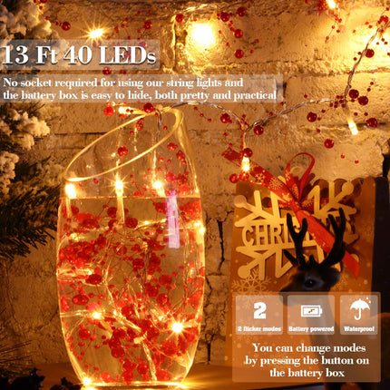 LED Pearl Berry Beaded Garland String Light 13 ft 40 Bead Light for Indoor Outdoor Festive Birthday Party Wedding DIY Home Mantel Decoration 2 Flicker Modes (Red)