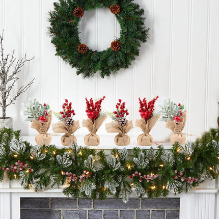 Fangoo 6pcs Mini Artificial Christmas Tree with Pine Cone Red Berry Desktop Tree with Linen Base Artificial Frost Trees Xmas Tree for Office Desks and Christmas Party Decorations