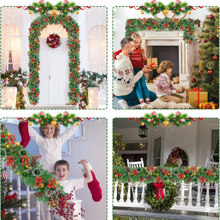 Christmas Garland Decorations with Lights: 9 FT Lighted Battery Operated Garland with Pine Cones Red Berries, Christmas Decor Indoor Outdoor for Mantle Stairs Door Fireplace Staircase Window Railing