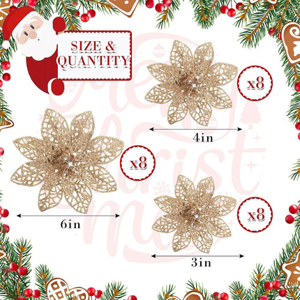 WILLBOND 36 Pieces Christmas Poinsettia Flowers Artificial Ornaments Glitter Christmas Decorations Tree Wedding Year(Champagne)