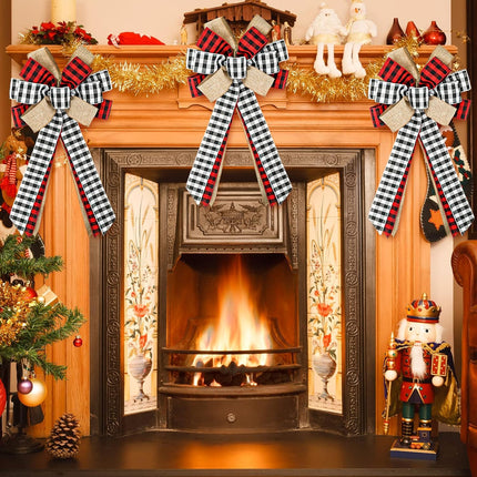 Whaline 3Pcs Christmas Bow Tree Topper Buffalo Plaid Xmas Large Bow Red Black White Handmade Decorative Bow for Christmas Tree Wreath Crafts DIY Bow Year Outdoor Decoration Festival Holiday Party