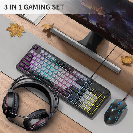Camiysn Gaming Keyboard and Mouse Combo, 98-Key Layout Rainbow LED Backlit Keyboard and Mouse Gaming Headset Bundle, 3-in-1 Gamer Gift for PC Laptop, Black & Grey