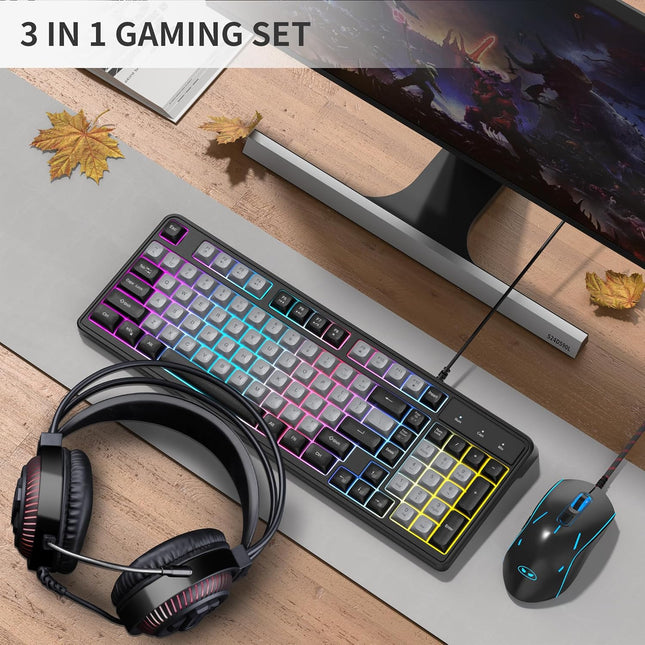 Camiysn Gaming Keyboard and Mouse Combo, 98-Key Layout Rainbow LED Backlit Keyboard and Mouse Gaming Headset Bundle, 3-in-1 Gamer Gift for PC Laptop, Black & Grey