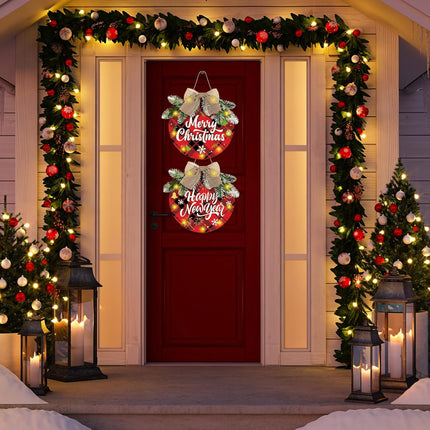 2 Sets Merry Christmas Wreaths Hanging Sign Wooden Buffalo Plaid Decorations, Welcome Wreath Sign for Front Door, Hanging Sign with Light for Farmhouse Porch and Kitchen Happy Years Decorations
