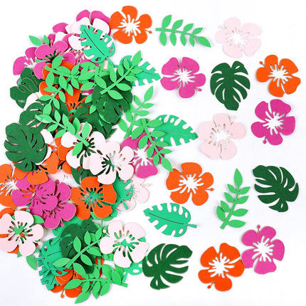 100PCS Tropical Hawaii Flower Confetti Tropical Birthday Baby Shower Party Decorations Green Leaf Confetti Party Decorations for Birthday Baby Shower Pool Beach Jungle Wedding