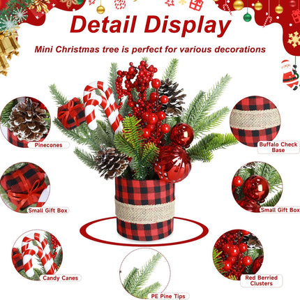 Small Tabletop Christmas Tree Artificial Mini Christmas Trees Small Red Buffalo Plaid Christmas Tree with Ornaments Desktop Xmas Tree Christmas Table Centerpieces for Xmas Holiday Decorations